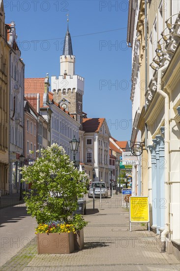 Shopping street Innere Zittauer Strasse with town hall