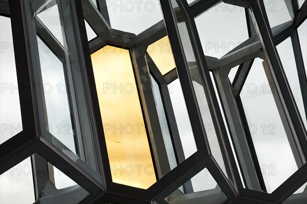 Facade detail of the honeycomb structure made of dichromatic glass by Olafur Eliasson