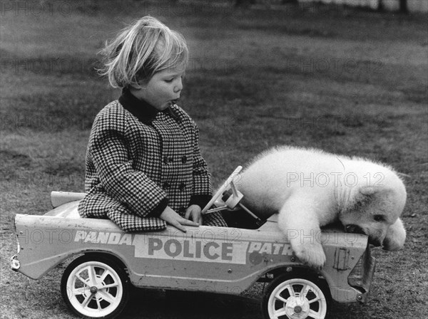 Girls and bears in a toy car