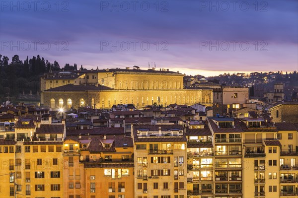 View of residential buildings and Palazzo Pitti at dusk