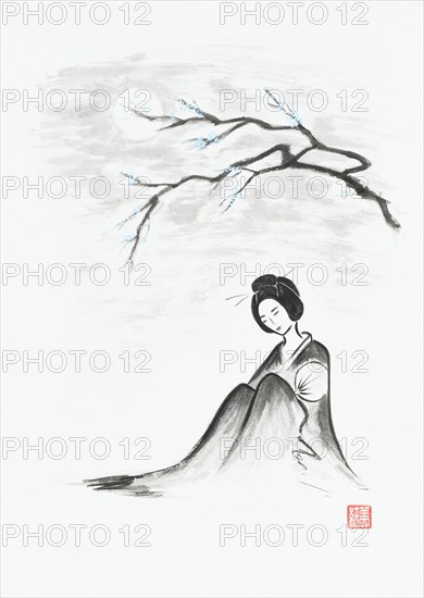 Beautiful geisha sitting under sakura branch