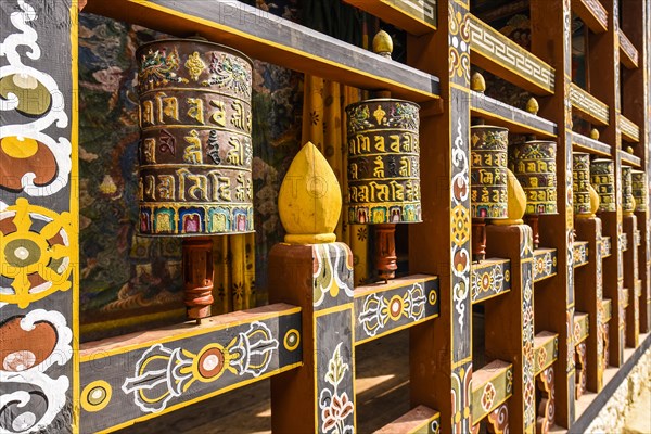 Prayer mills and mural painting in the monastery fortress