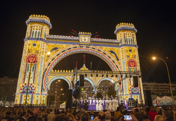 Colorful illuminated entrance portal at night