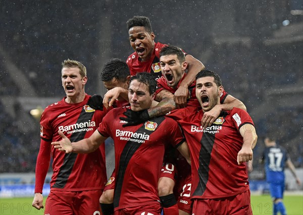 Goal celebration by soccer players of Bayer Leverkusen