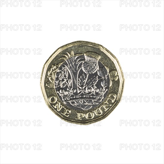 British one pound sterling coin with four national symbols of England