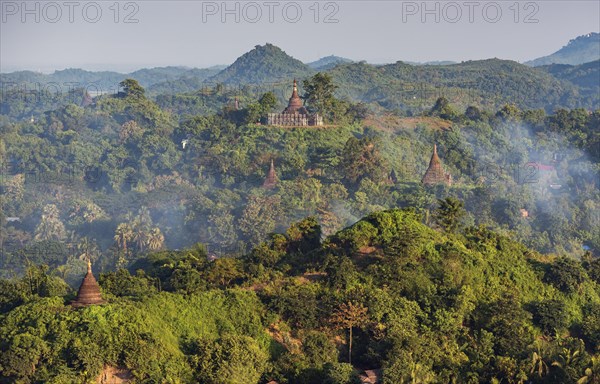 Hills and stupas of Mrauk U as seen from Shwetaung Pagoda at sunrise