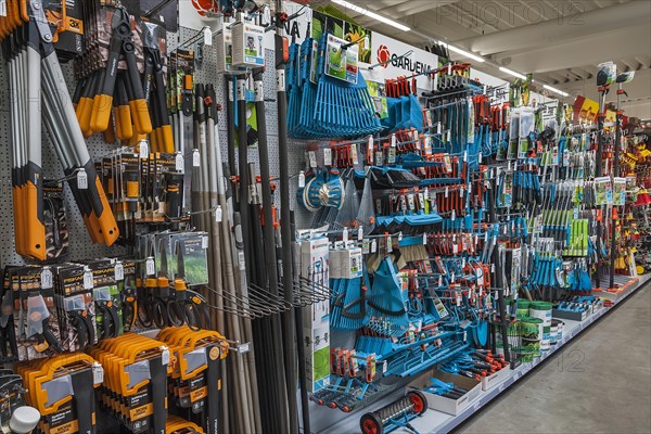 Garden tools on shelves