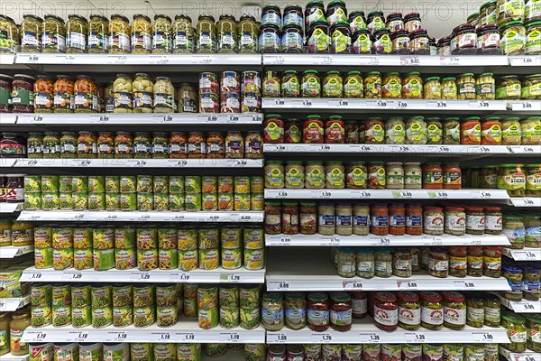 Canned vegetables on a shelf in a Turkish supermarket