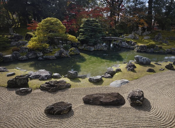 Traditional Japanese Zen rock garden with a pond and white pine trees