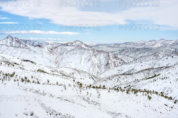 Tizi N'Tichka pass in the Atlas Mountains during winter snow
