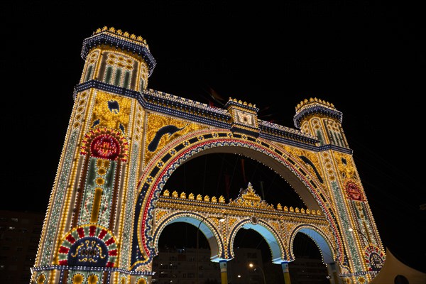 Colorful illuminated entrance portal at night