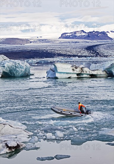 Motorboat in glacier lagoon Jokulsarlon