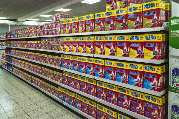 Shelf with detergent in a supermarket