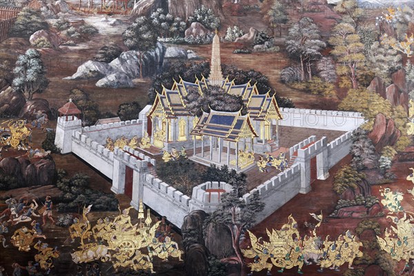 Buddhist temple complex with scene from Ramakia
