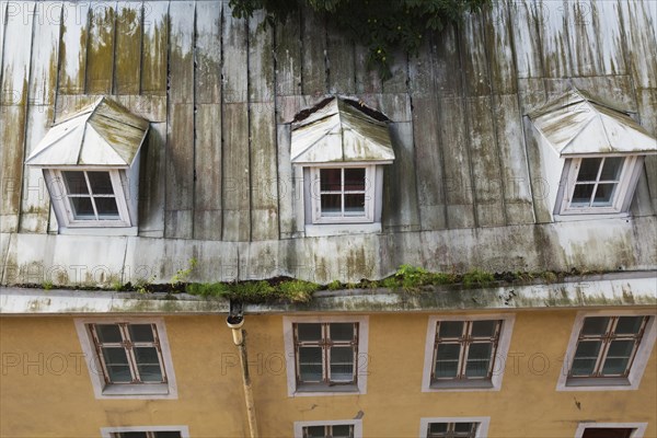 Top view of old architectural apartment building with standing seam sheet metal roof and vegetation growing in the eavestrough