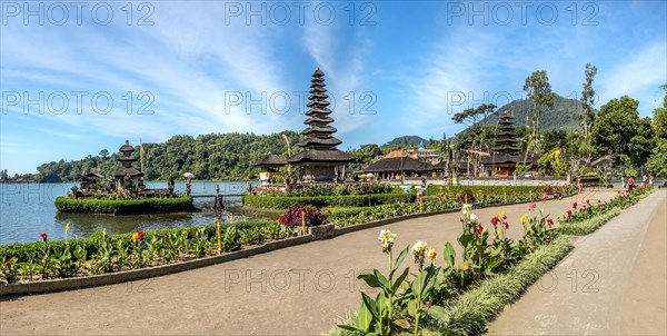 Pura Ulun Danu Bratan Buddhist water temple with flowers