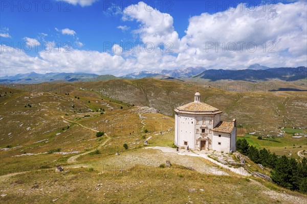 Church Santa Maria della Pieta with mountain massif Gran Sasso