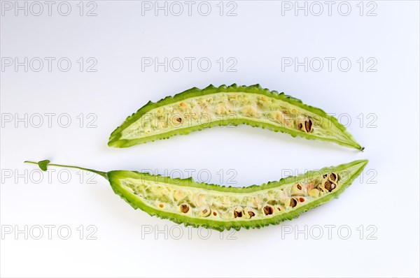 Bitter melon (Momordica charantia) halved