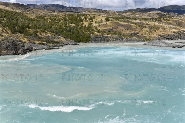 Confluence of turquoise Rio Baker and glacier gray Rio Nef