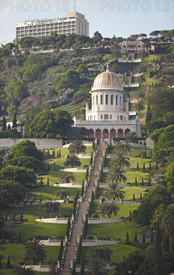 The Gardens of the Bahai on Mount Carmel and Shrine of Bab Tomb with Dome