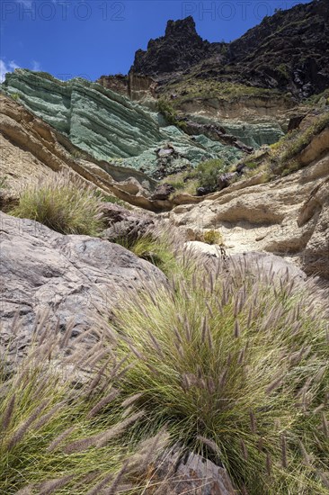 Turquoise colored rock layer Los Azulejos De Veneguera