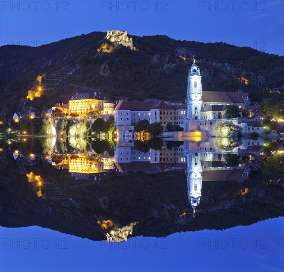 View over the Danube to Durnstein with collegiate church and castle ruin