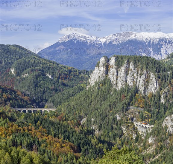 20 Schilling view with Kalte Rinne viaduct Pollereswand Krauselklauseviadukt Rax massif with Heukuppe