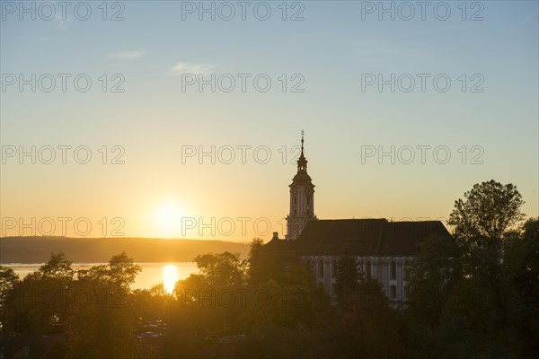 Pilgrimage church Birnau with vineyards in autumn at sunset