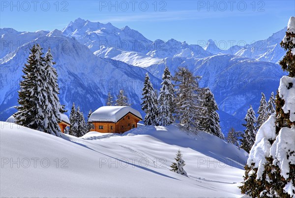 Winter landscape with deep snow-covered chalets