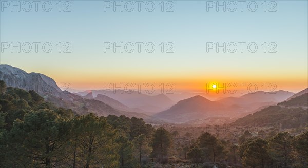 Wooded mountain landscape at sunset