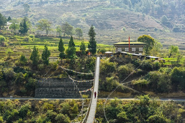 Longest suspension bridge of Bhutan over river Puna Tsang Chhu