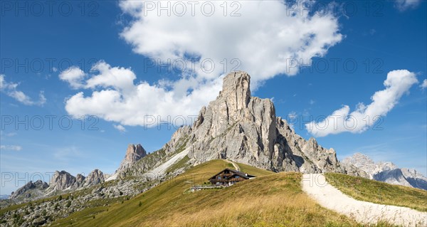 Hut at Passo Giau with La Gusela peak