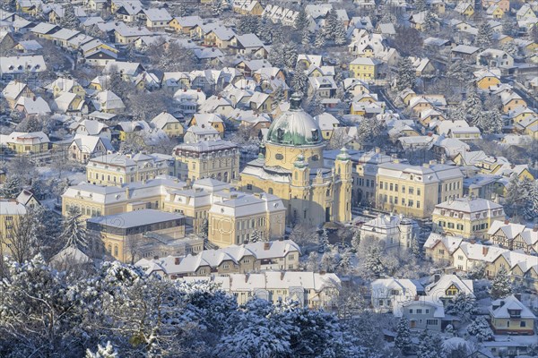 Panoramic view of Berndorf with Margaretenkirche in winter