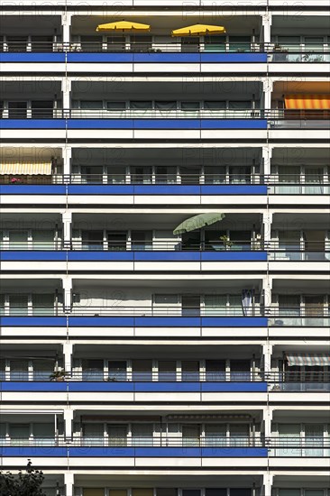 Detail of a high-rise facade with balconies on modernized prefabricated buildings