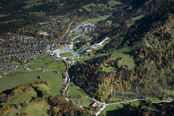 Partenkirchen with ski jump at Gudiberg in autumn