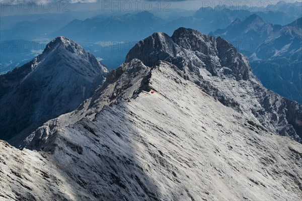 Red bivouac box at the Jubilaumsgrat in the Wetterstein Mountains