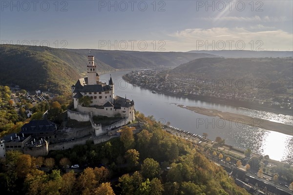 Marksburg Castle in the UNESCO World Cultural Heritage Upper Middle Rhine Valley high above the Rhine near Braubach