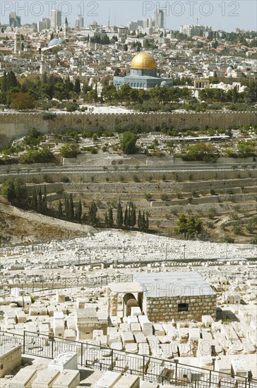 View from the Mount of Olives over the Jewish cemetery to the Dome of the Rock on the Temple Mount in the Old City of Jerusalem