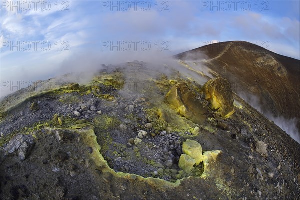 Sulfur fumaroles and chloride crusts on the crater rim