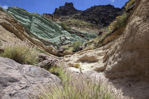 Turquoise colored rock layer Los Azulejos De Veneguera