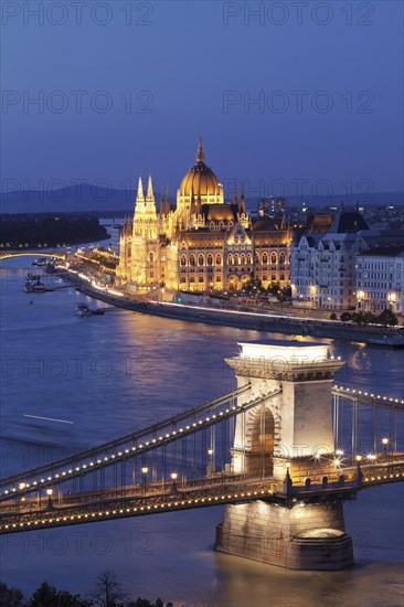 View from the castle hill over the Szechenyi Chain Bridge to the parliament