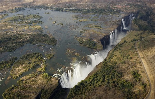 Aerial view of the Zambezi River and the Victoria Falls