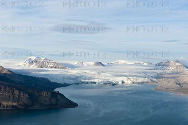 View from the top of Pyramiden Mountain over the fjord to Nordenskiold Glacier