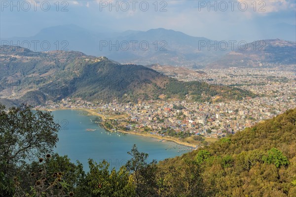 View over Pokhara and Phewa Lake from the World Peace Pagoda