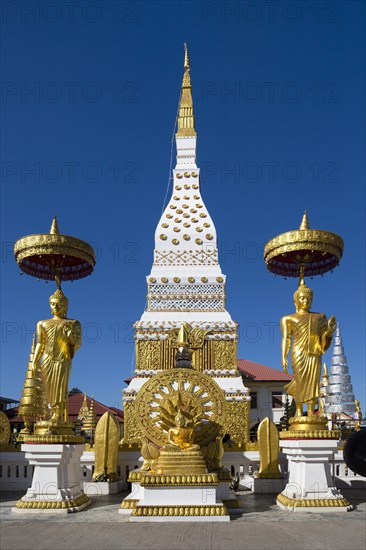 Chedi of Wat Mahathat Temple with Wheel of Life and golden Buddha figures