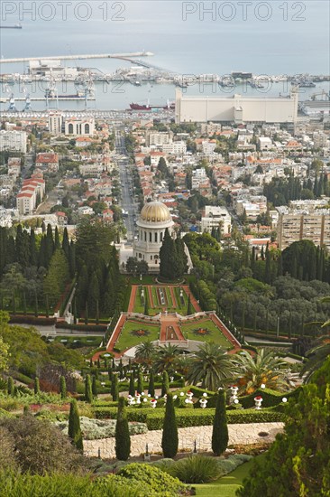 The Gardens of the Bahai on Mount Carmel and Shrine of Bab Tomb with Dome