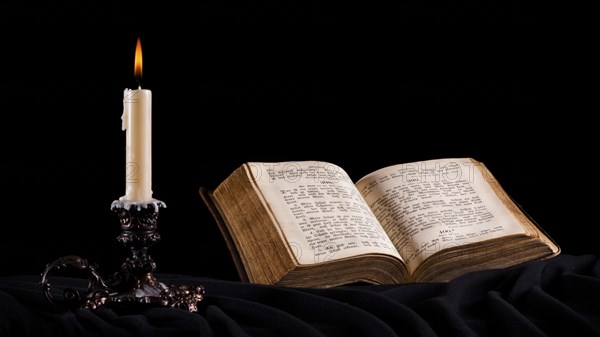 Burning candle and an open old Christian book