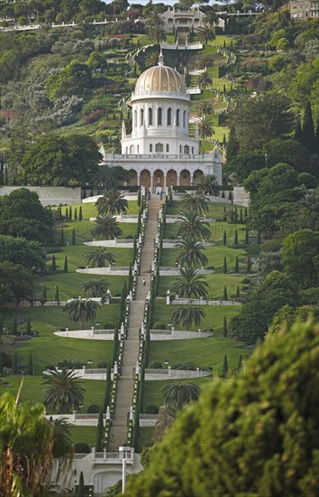 The Gardens of the Bahai on Mount Carmel and Shrine of Bab Tomb with Dome