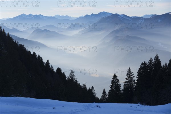 View from Schonberg near Lenggries to Jachenau with the Ester Mountains