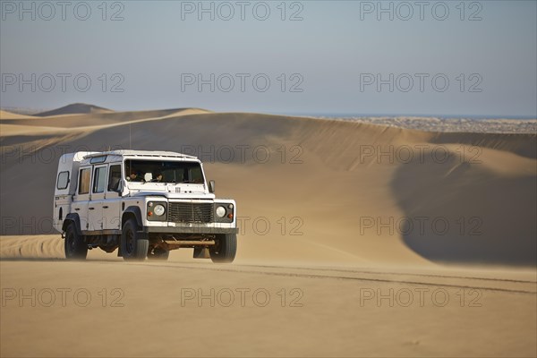 Off-road vehicle drives over sand dunes at Lange Wand on the Atlantic coast